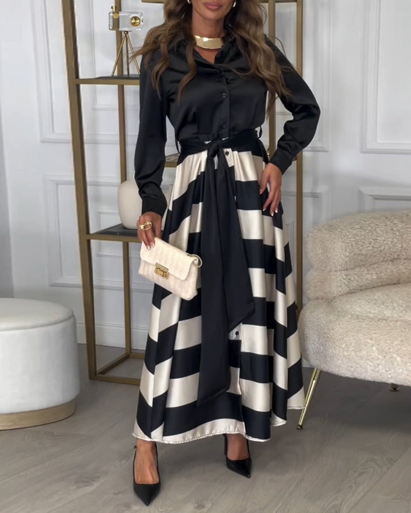 Women’s Maxi Dress - Button-Up Long Sleeve - Striped Flowing Skirt - Belted Waist