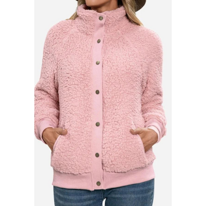 Women's stand collar button down fleece jacket