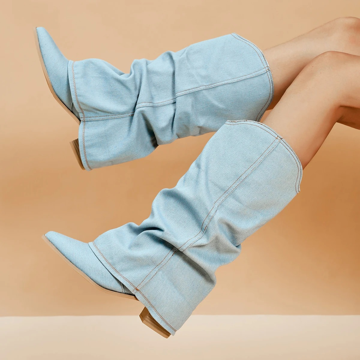 Andrea - Pleated Block Denim Boots