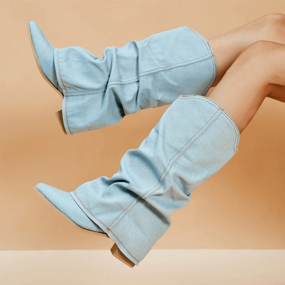 Women’s Knee-High Boots - Slouchy Denim - Pointed Toe - Low Block Heel Pull-On