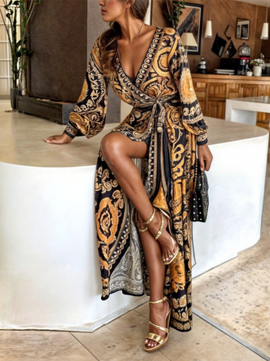 Bohemian Print Wrap Fit Maxi Dress
