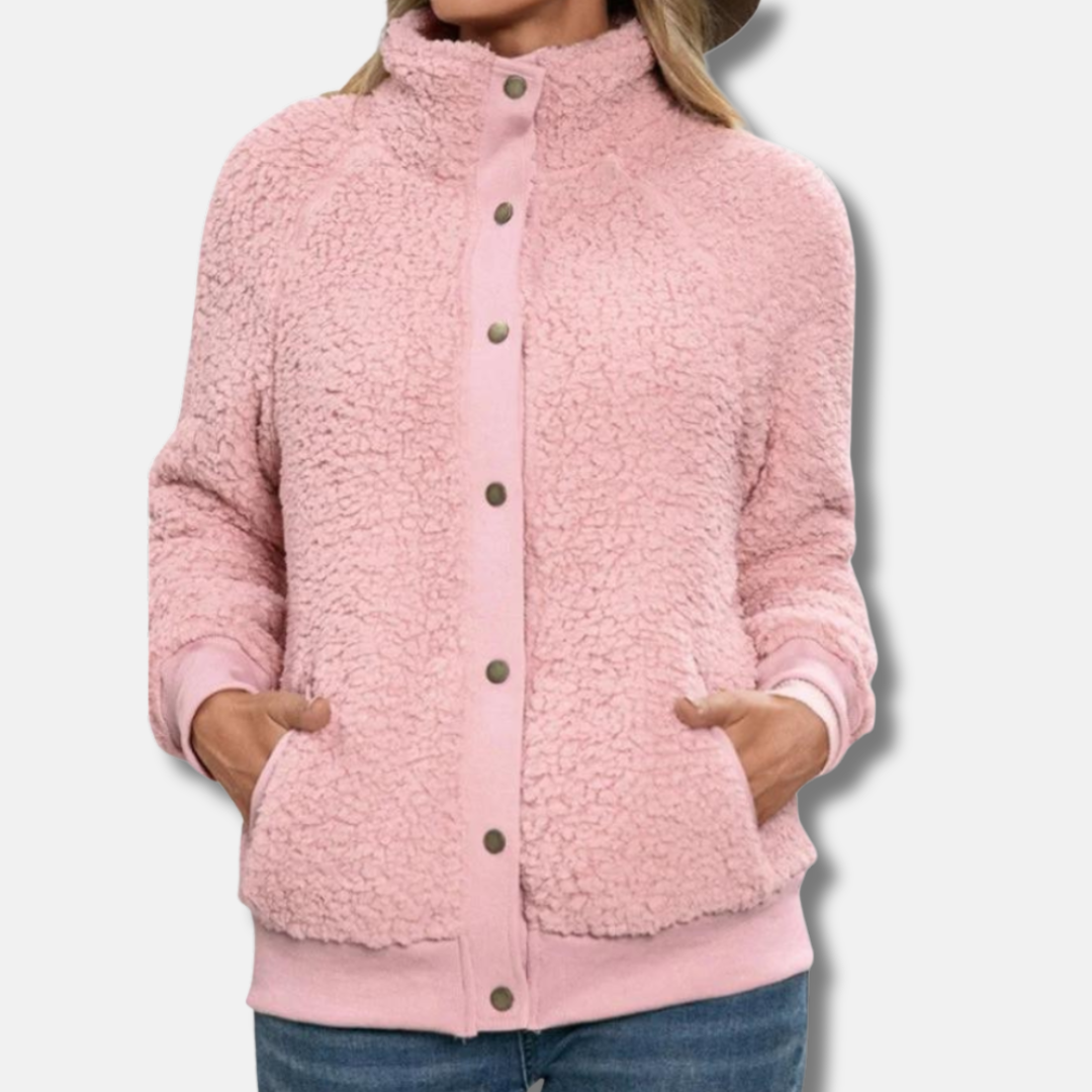 Isla Relaxed Fit Fleece Jacket | Stand Collar Button Front Jacket