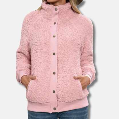 Isla Relaxed Fit Fleece Jacket | Stand Collar Button Front Jacket