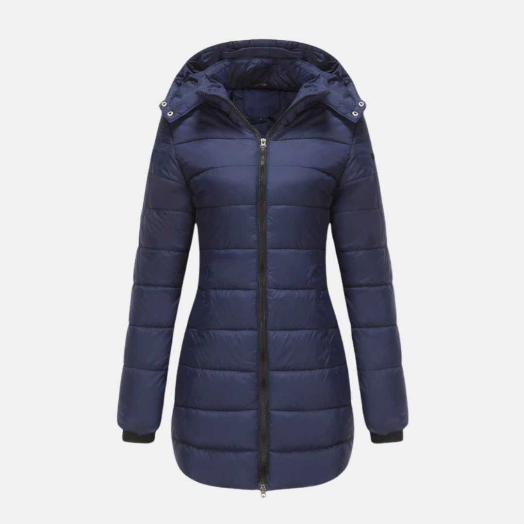 Women’s Longline Padded Coat – Quilted Design – Hooded – Two-Way Zipper – Structured Fit