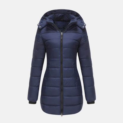 Women’s Longline Padded Coat – Quilted Design – Hooded – Two-Way Zipper – Structured Fit