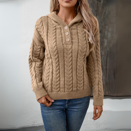 Women's retro buttoned cable knit hoodie sweater