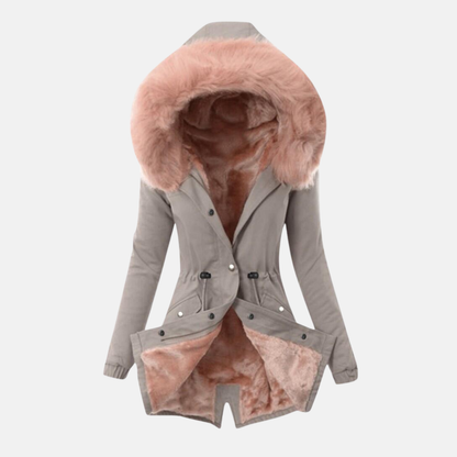 Women’s Jacket – Slim Fit – Plush-Lined Hood – Adjustable Waist – Mid-Length – Button Front