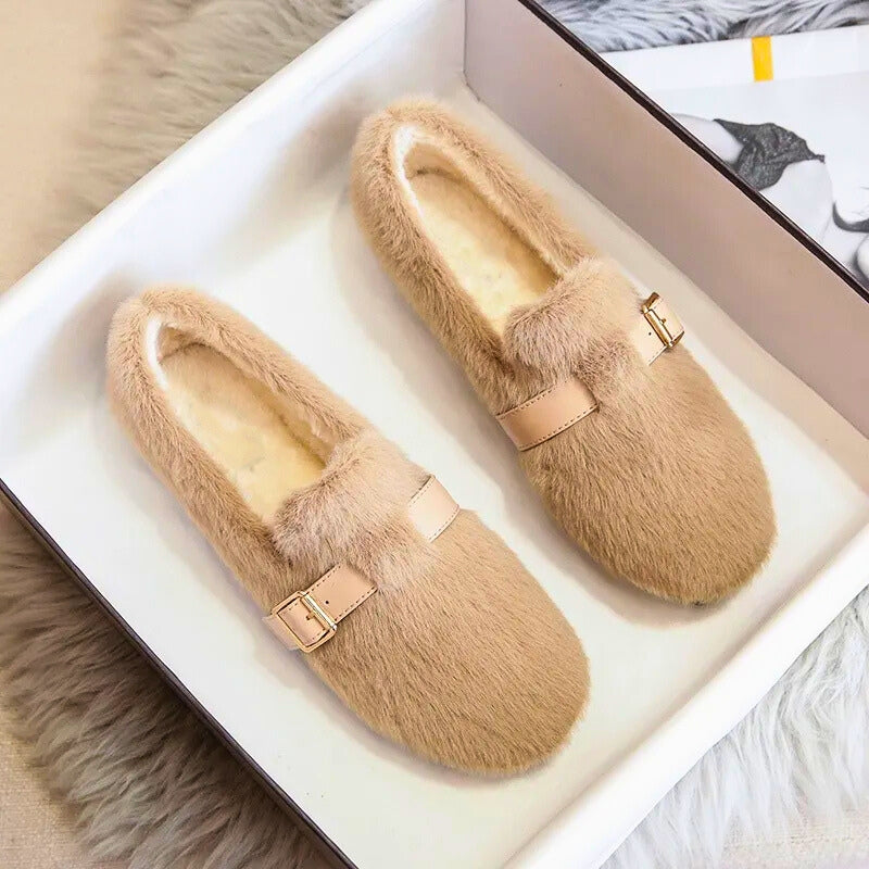 Isla Slip-On Loafer Flats | Furry Buckle Detail Loafer Flats