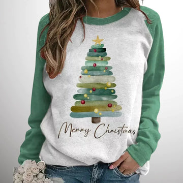 Women's christmas tree print raglan sleeve loose long sleeve shirt