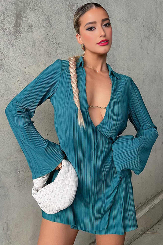 Pleated V-Neck Flowy A-Line Mini Dress