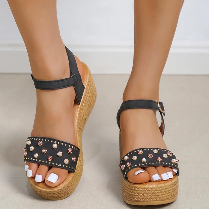 Women's Wedge Sandals - Adjustable Ankle Strap - Studded Forefoot - Comfortable Heel