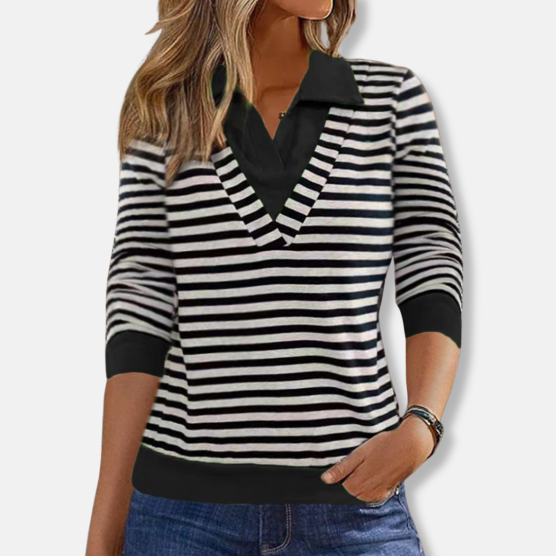 Aurora Relaxed Fit Sweatshirt | Striped V-Neck Hip-Length Sweatshirt