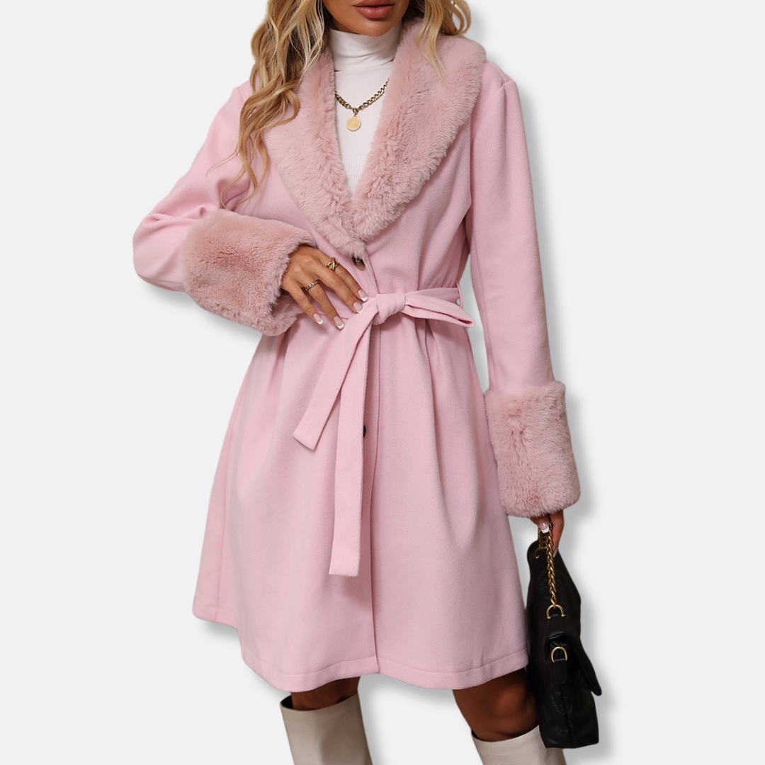 Women’s Trench Coat – Tailored Fit – Fur Collar & Cuffs – Mid-Length Belted Design