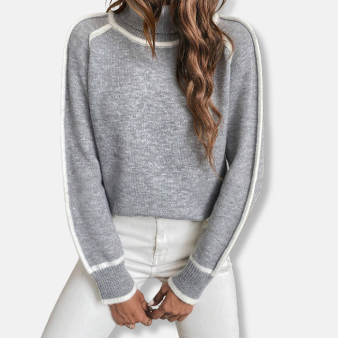 Women’s Sweater – Knit Relaxed Fit – High Roll Neck – Stripe Sleeve Detail