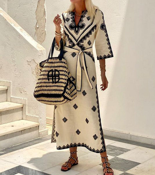 Embroidered V-Neck Tie Waist Maxi Dress