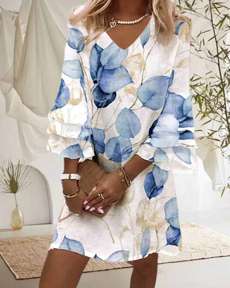 Women's Dress - V-Neck - Long Sleeve Ruffle Detail - Floral Print - Loose Fit Short Length