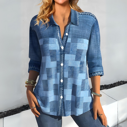 Women's Button-Up Shirt - Patchwork Design - Classic Collar - Long Sleeve Casual Wear