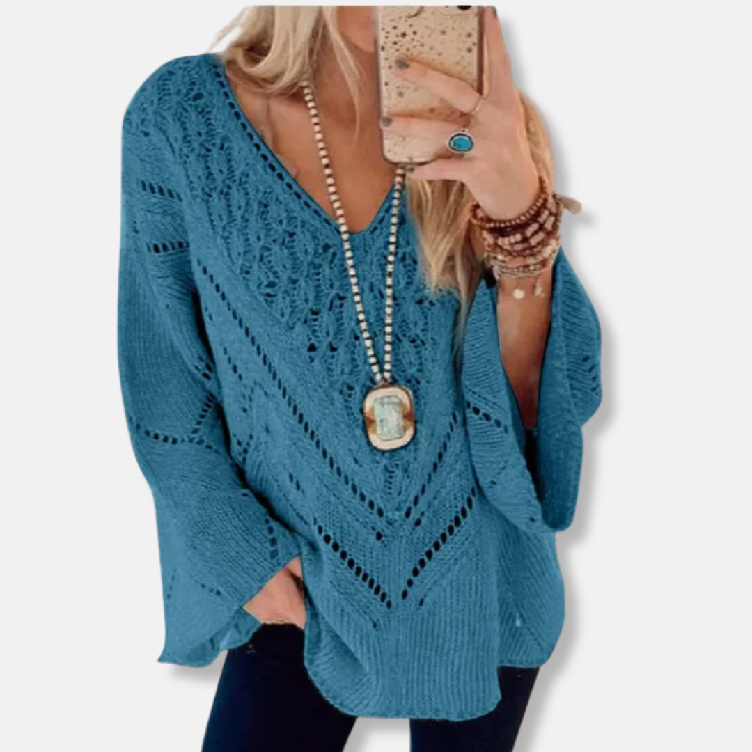 Women’s Sweater – Relaxed Fit – Crochet Knit – V-Neck – Trumpet Sleeve – Casual Wear