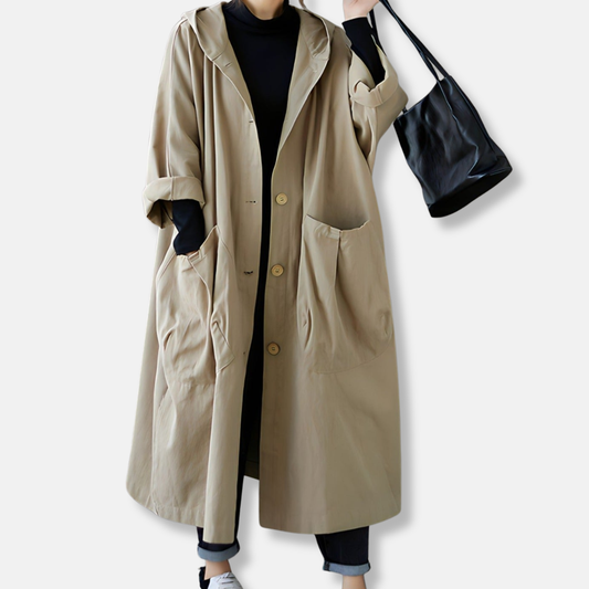 Isabella Cotton Oversized Hooded Trench Coat | Retro Button Front Coat