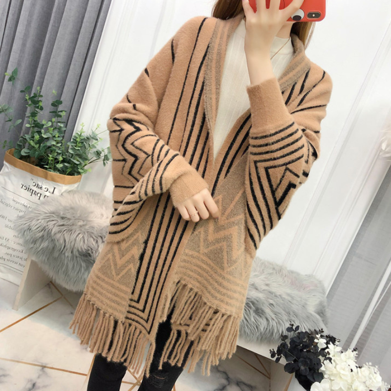 Women's mid-length faux mink fringe batwing knitted cardigan