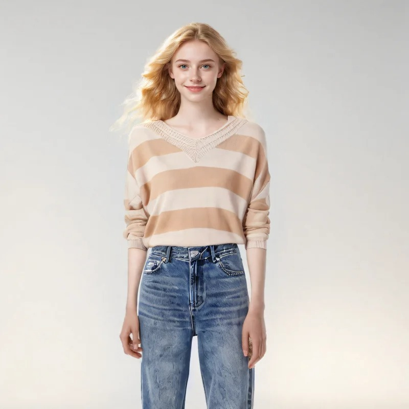 Trendy striped women's sweater with loose fit v-neck design