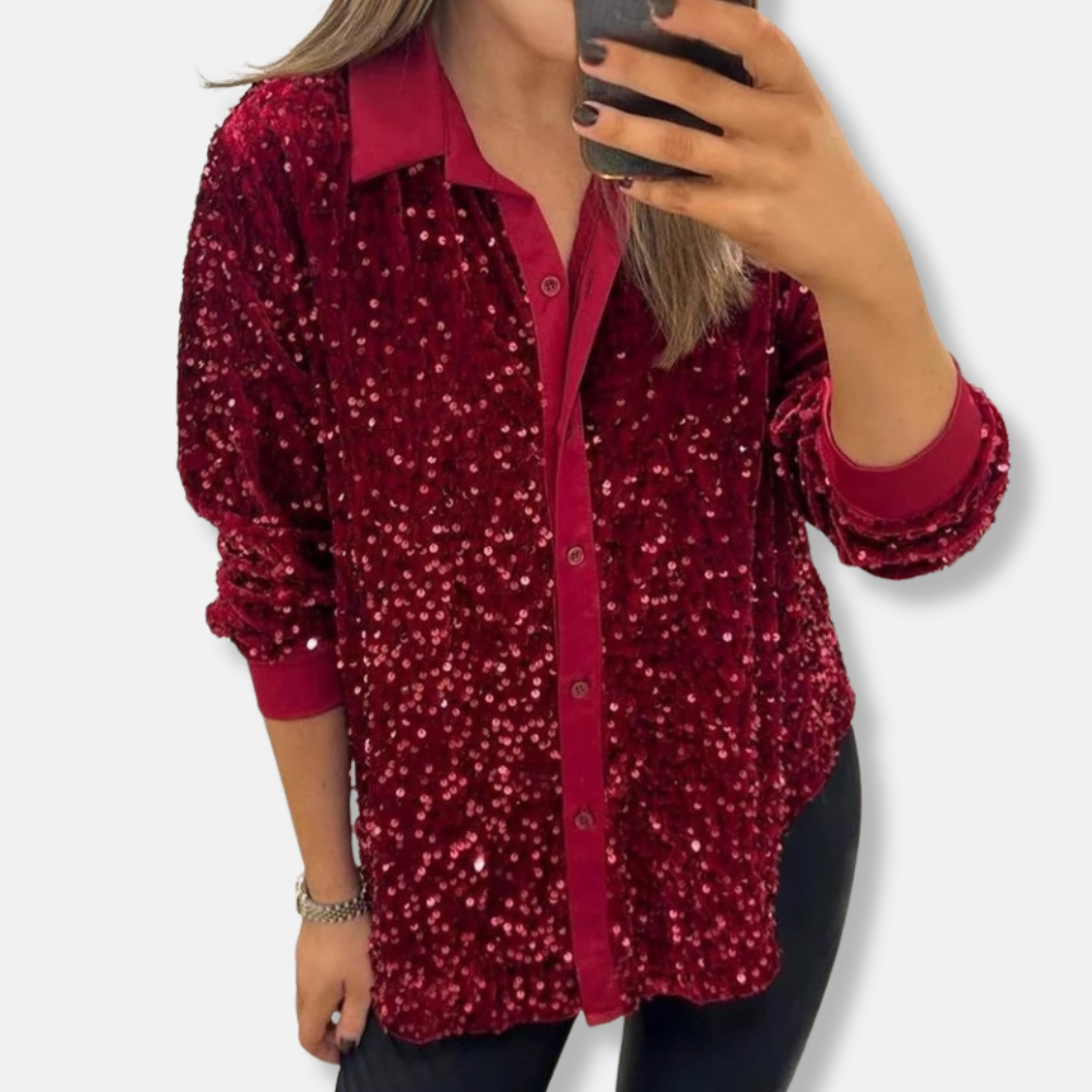 Sequin Relaxed Fit Button-Up Long Sleeve Shirt 