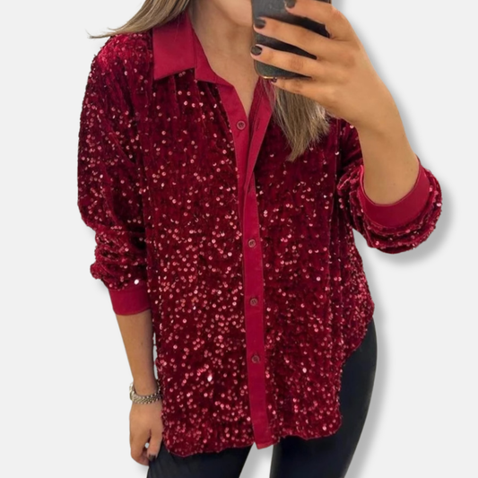 Sequin Relaxed Fit Button-Up Long Sleeve Shirt 