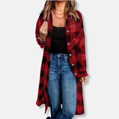 Women’s Long Cardigan Shacket – Oversized Relaxed Fit – Plaid – Button Front – Chest Pockets