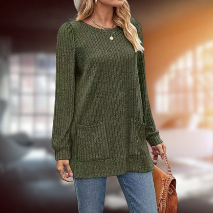 Women's mid-length knit round neck with pockets sweater