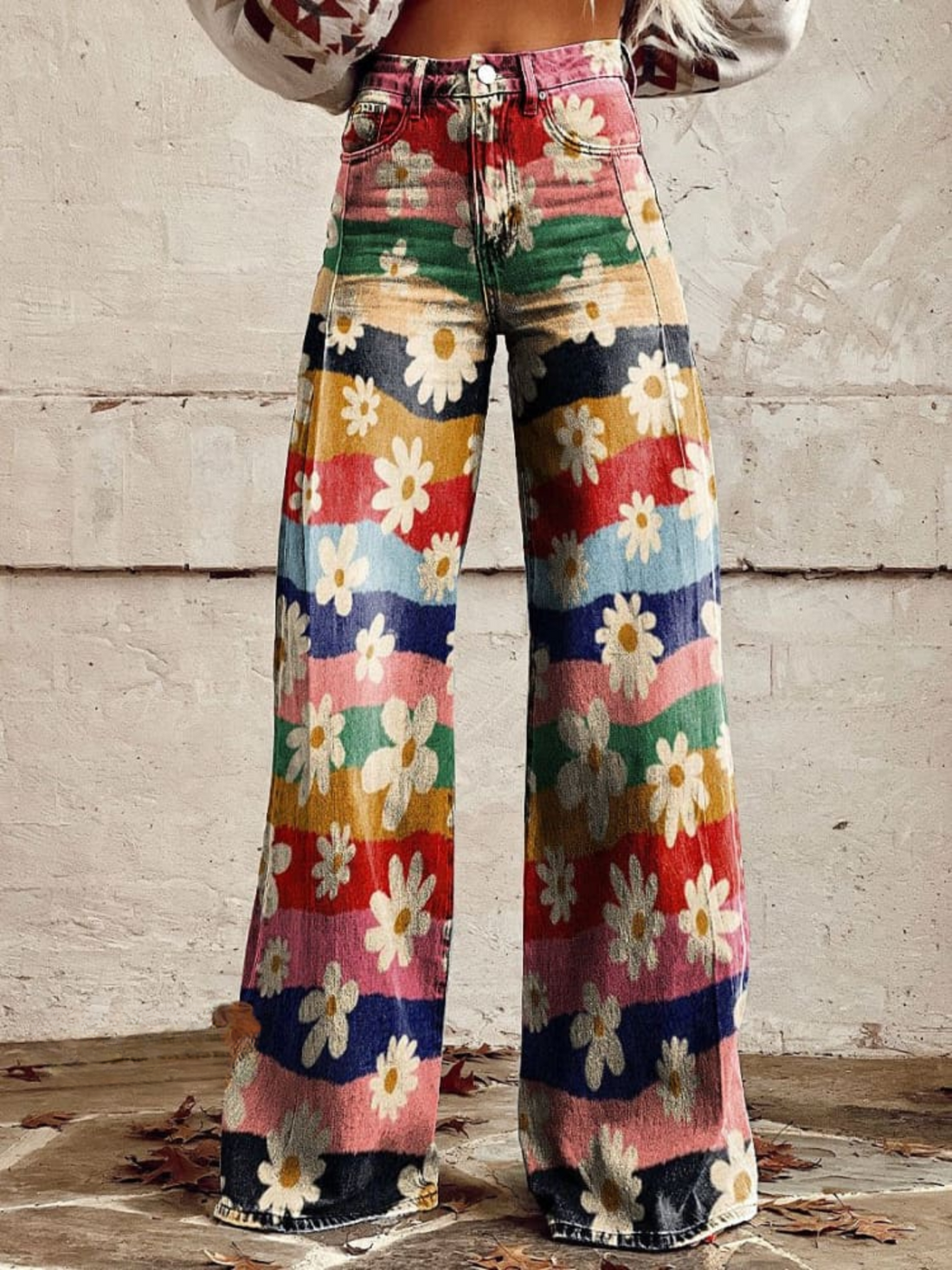 Women's retro colorful wide-leg floral pants