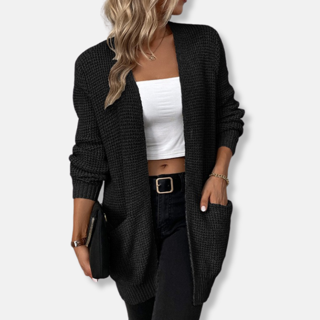 Waffle Knit Relaxed Fit Long Sleeve Cardigan 
