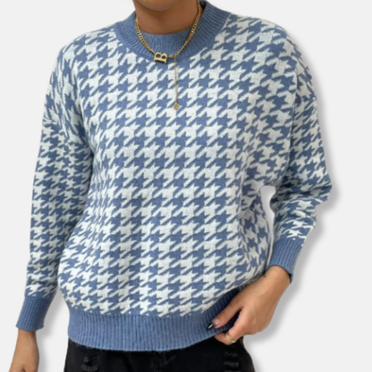 Isla Relaxed Fit Pullover Sweater | Houndstooth Ribbed Trim Sweater