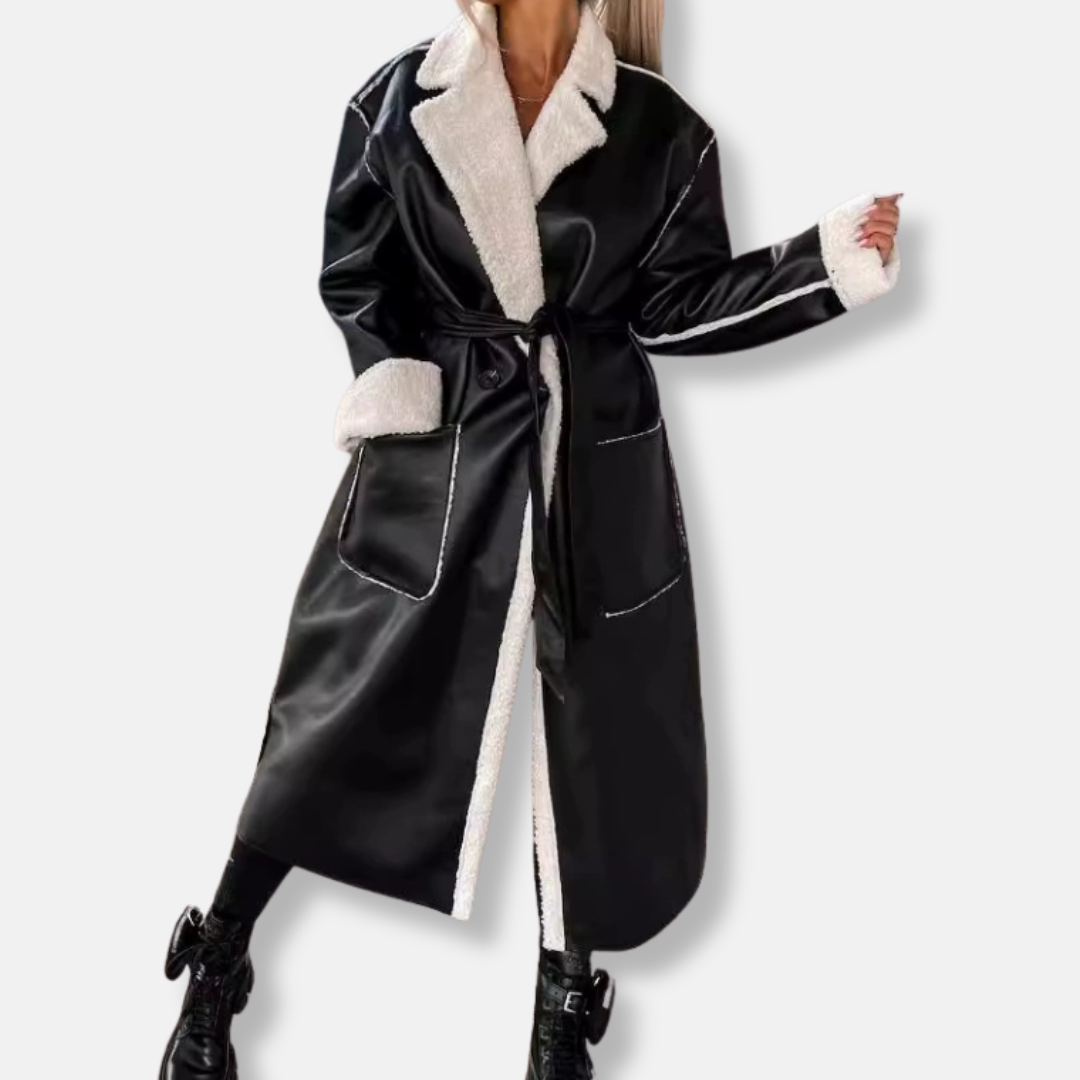 Faux Leather Oversized Tie Waist Long Coat 