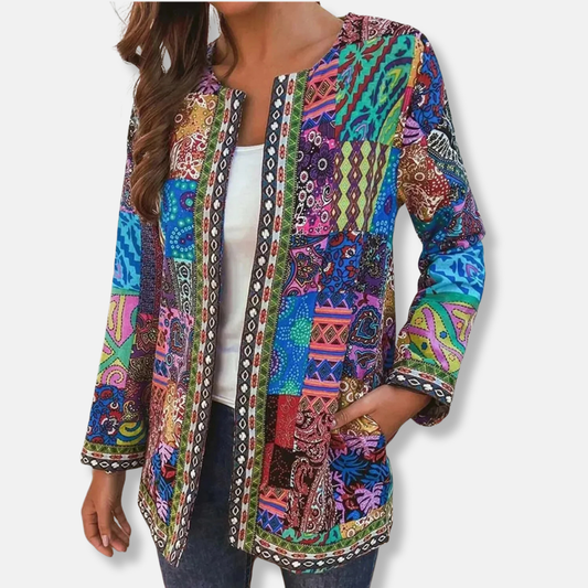 Cotton Patchwork Relaxed Fit Open Front Cardigan