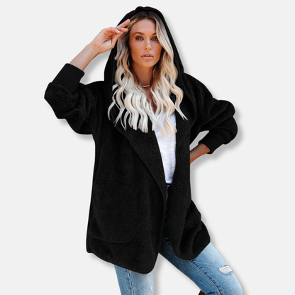 Women’s Hooded Cardigan – Sherpa Fleece – Oversized Fit – Open Front with Pockets