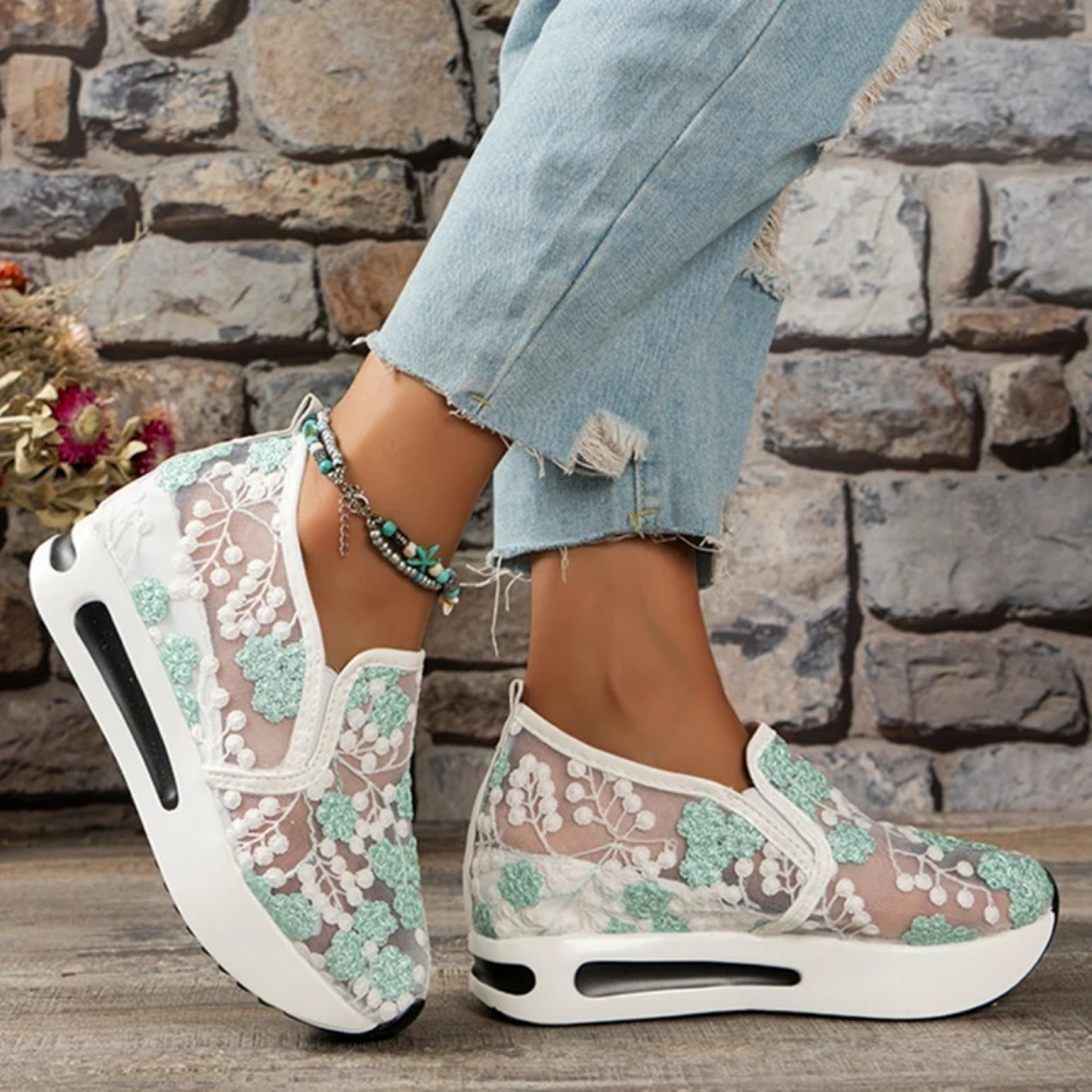 Women's Slip-On Sneakers - Floral Lace Mesh - Platform Sole - Cushioned Air Support