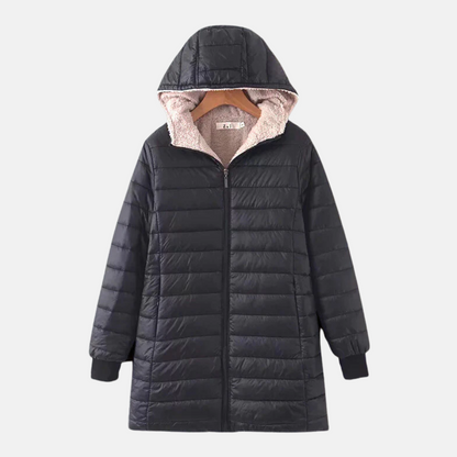 Women’s Hooded Padded Coat – Relaxed Fit – Mid-Length Quilted – Fleece Lined – Zip Front