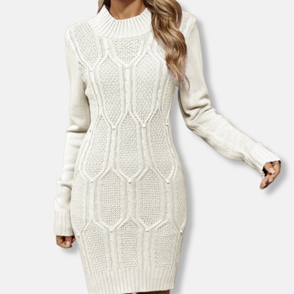 Women’s Knit Dress – Slim Fit – Mock Neck – Long Sleeve – Mini Length – Geometric Texture