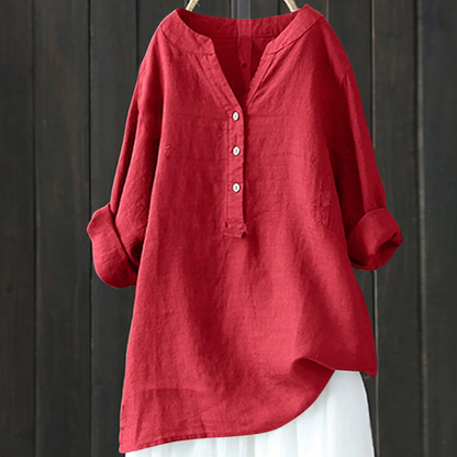 Women's loose solid stand collar button long sleeve shirt