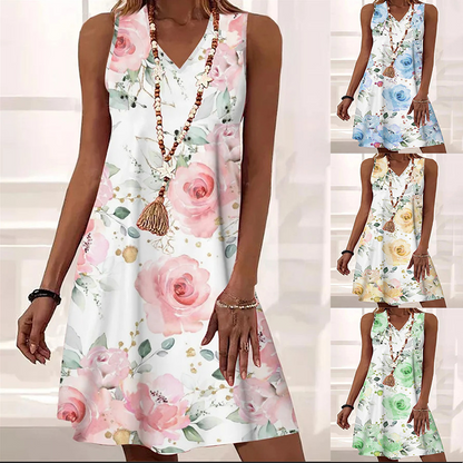 Women's Sleeveless Dress - V-Neck A-Line - Lightweight Floral Casual Wear