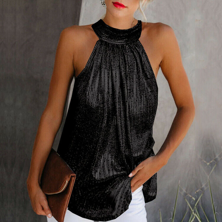 Women's Halter Neck Top - High Neck Elegant Drape - Relaxed Fit Flowy Silhouette