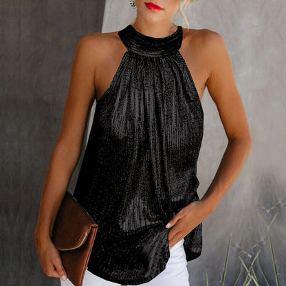 Women's Halter Neck Top - High Neck Elegant Drape - Relaxed Fit Flowy Silhouette