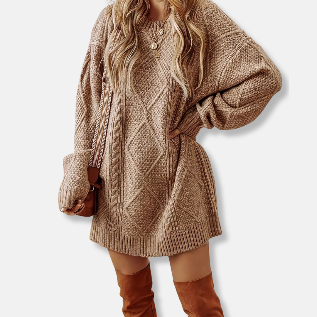 Wool Blend Cable Knit Loose Mini Sweater Dress