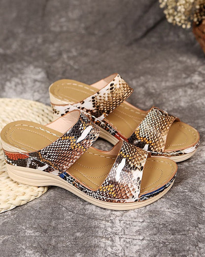 Women's Wedge Sandals - Animal Print Straps - Comfortable Platform Casual Wear
