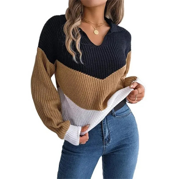 Women's contrast color lapel knitted pullover sweater