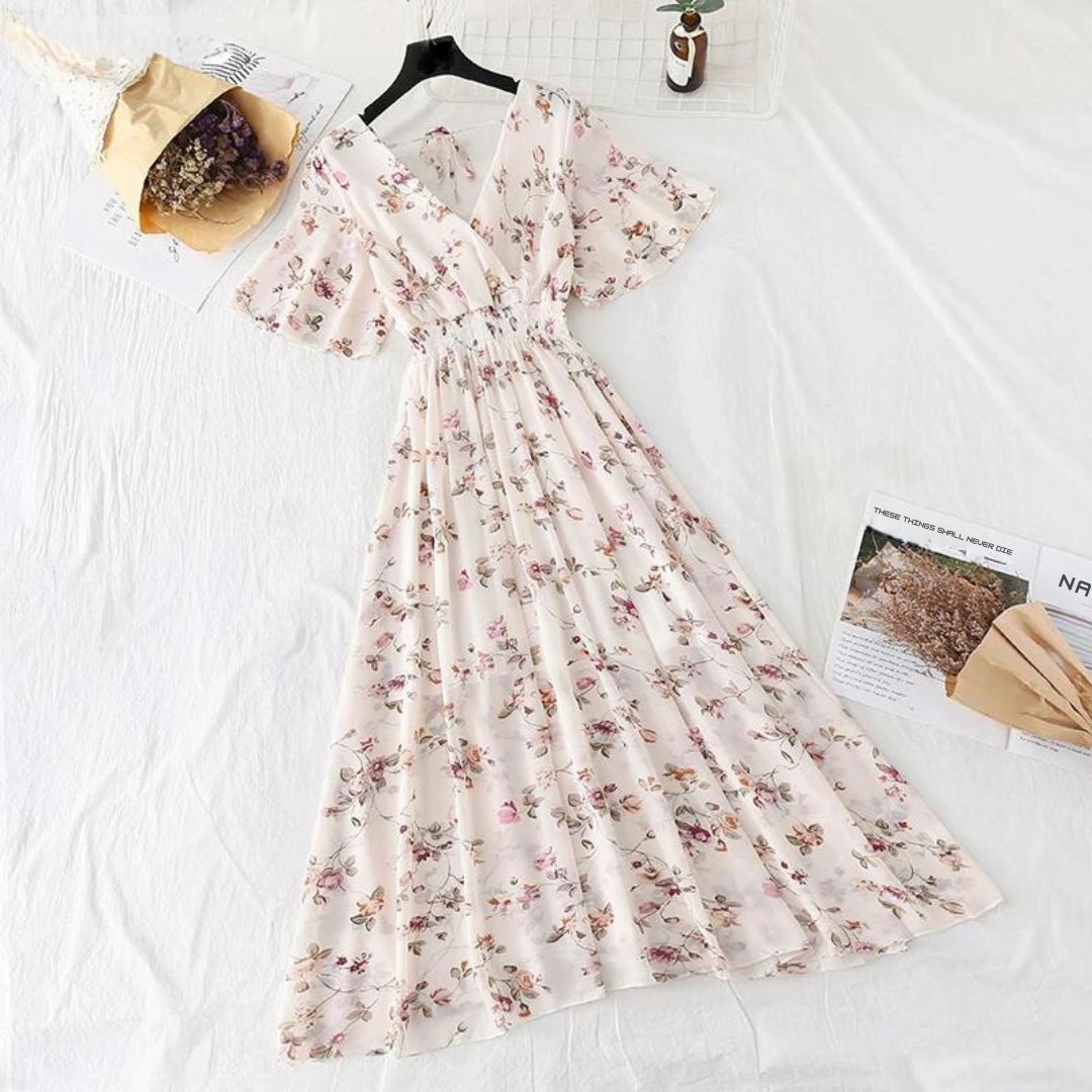 Floral Print Cinched Waist Maxi Dress