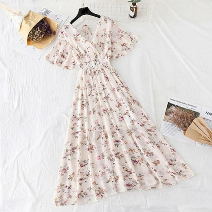 Women's Maxi Dress - Floral Print - V-Neck Cinched Waist - Short Flutter Sleeves