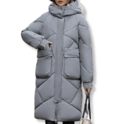 Isla Oversized Quilted Coat | Hooded High Collar Front Pockets Coat