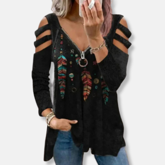 Florence Relaxed Fit Pullover Top | Zipper V-Neck Cold Shoulder Pullover Top