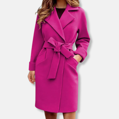 Women’s Trench Coat – Tailored Fit – Wool Feel – Belted Waist – Lapel Collar – Knee Length